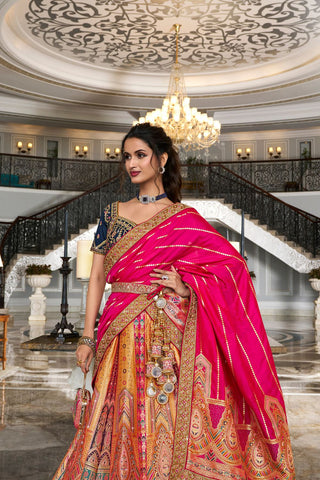 Multi Colour Banarasi Silk Lehenga with Zarkan Codding Work