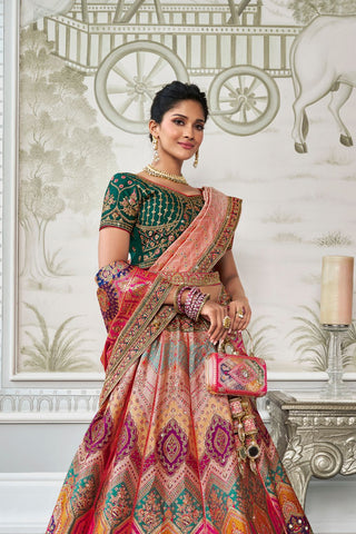 Multi Colour Banarasi Silk Lehenga with Zarkan Codding Work