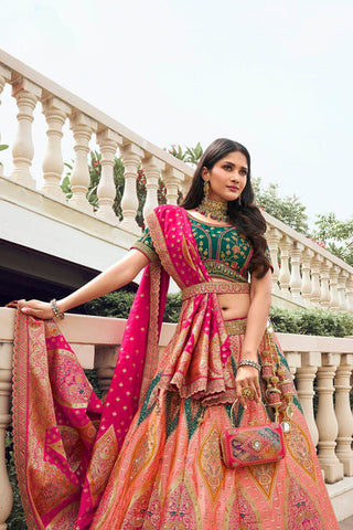 Multicolor Banarasi Silk Lehenga with Zarkan Work for Weddings