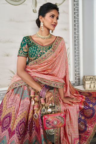 Multi Colour Banarasi Silk Lehenga with Zarkan Codding Work