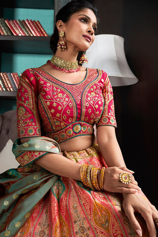 Multi Colour Banarasi Silk Lehenga with Zarkan Codding Work