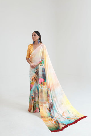 Multi Colour Digital Printed Silk Saree