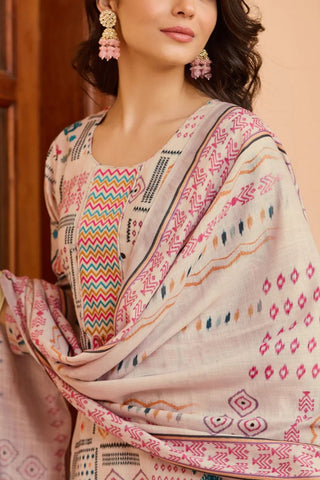 Multicolor Cotton Printed With Neck Patch Work Kurta Set_Kumari Sarees