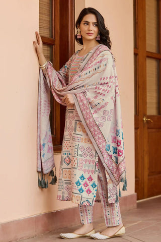Multicolor Cotton Printed With Neck Patch Work Kurta Set_Kumari Sarees
