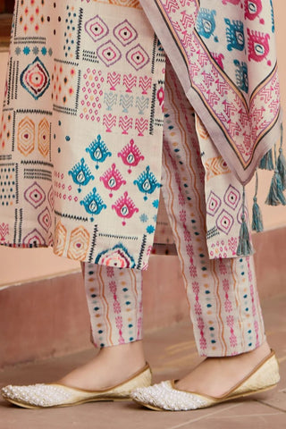Multicolor Cotton Printed With Neck Patch Work Kurta Set_Kumari Sarees