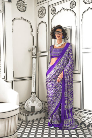 MUTI COLOUR PRINTED AJRAKH SATIN SILK SAREE