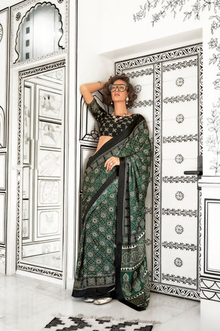 MUTI COLOUR PRINTED AJRAKH SATIN SILK SAREE