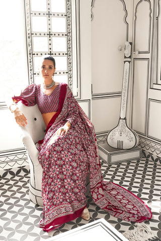 MUTI COLOUR PRINTED AJRAKH SATIN SILK SAREE