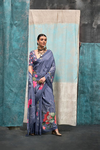 Multi Colour Printed Pure Silk Crepe Saree