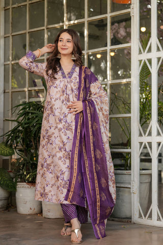 Multi Pure Chanderi Cotton Embroidery Kura Set_Kumari Sarees