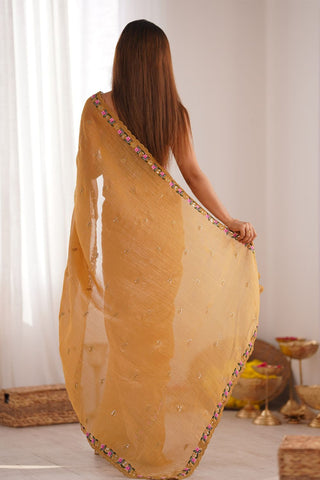 Mustard Sequins Silk Embroidery Thread Work Saree_Kumari Sarees