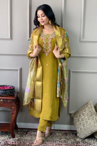 Mustard Viscose Chanderi Embroidered Silk Kurta Set_Kumari Sarees