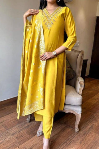 Mustard Embrodairy Stright Kurta Set With Jacquard Dupatta Set_Kumari Sarees