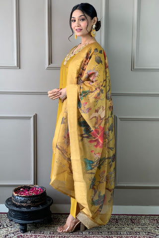 Mustard Chanderi Silk Embroidery Kurta Set_Kumari Sarees