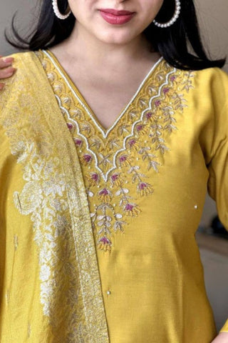 Mustard Embrodairy Stright Kurta Set With Jacquard Dupatta Set_Kumari Sarees