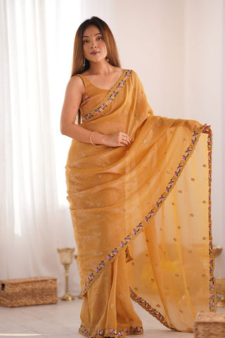 Mustard Sequins Silk Embroidery Thread Work Saree_Kumari Sarees