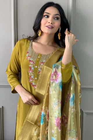 Mustard Viscose Chanderi Embroidered Silk Kurta Set_Kumari Sarees