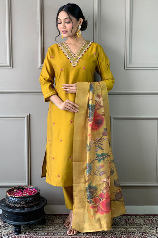 Mustard Chanderi Silk Embroidery Kurta Set_Kumari Sarees