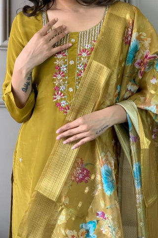 Mustard Viscose Chanderi Embroidered Silk Kurta Set_Kumari Sarees