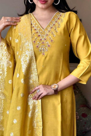 Mustard Embrodairy Stright Kurta Set With Jacquard Dupatta Set_Kumari Sarees