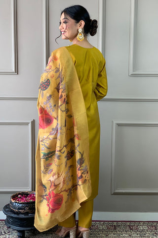 Mustard Chanderi Silk Embroidery Kurta Set_Kumari Sarees