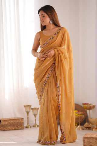 Mustard Sequins Silk Embroidery Thread Work Saree_Kumari Sarees