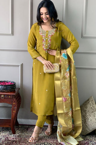 Mustard Viscose Chanderi Embroidered Silk Kurta Set_Kumari Sarees