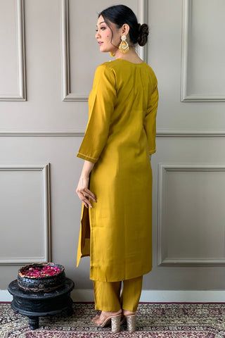 Mustard Chanderi Silk Embroidery Kurta Set_Kumari Sarees