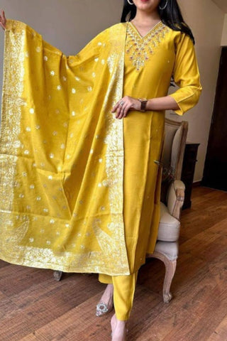 Mustard Embrodairy Stright Kurta Set With Jacquard Dupatta Set_Kumari Sarees