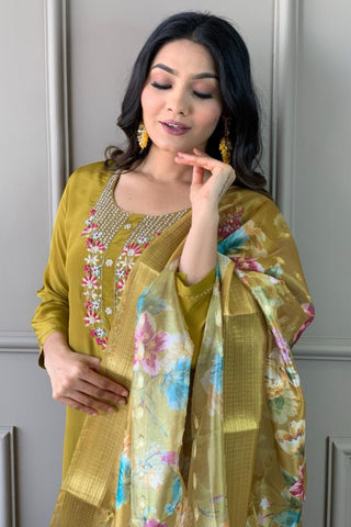 Mustard Viscose Chanderi Embroidered Silk Kurta Set_Kumari Sarees