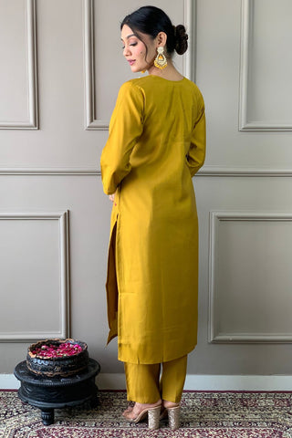 Mustard Chanderi Silk Embroidery Kurta Set_Kumari Sarees