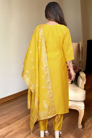 Mustard Embrodairy Stright Kurta Set With Jacquard Dupatta Set_Kumari Sarees