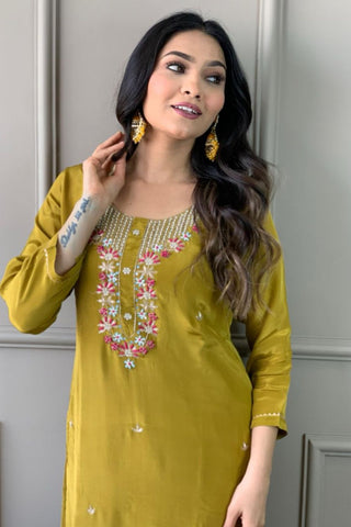 Mustard Viscose Chanderi Embroidered Silk Kurta Set_Kumari Sarees