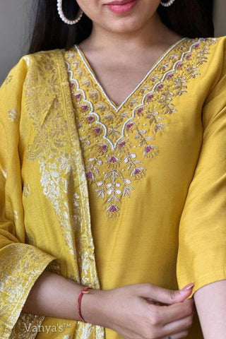 Mustard Embrodairy Stright Kurta Set With Jacquard Dupatta Set_Kumari Sarees