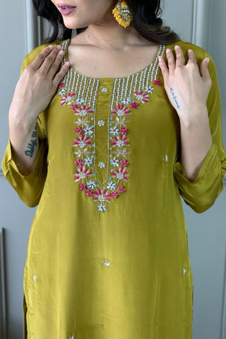 Mustard Viscose Chanderi Embroidered Silk Kurta Set_Kumari Sarees