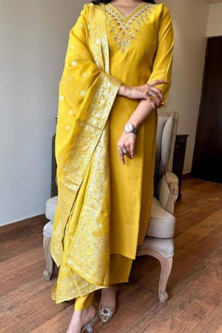 Mustard Embrodairy Stright Kurta Set With Jacquard Dupatta Set_Kumari Sarees