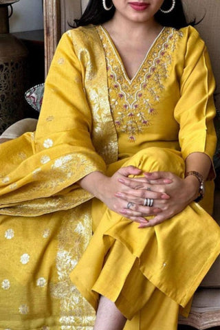 Mustard Embrodairy Stright Kurta Set With Jacquard Dupatta Set_Kumari Sarees