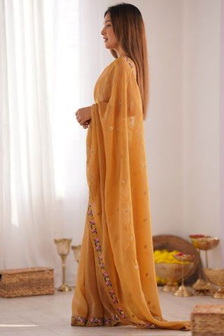 Mustard Sequins Silk Embroidery Thread Work Saree_Kumari Sarees