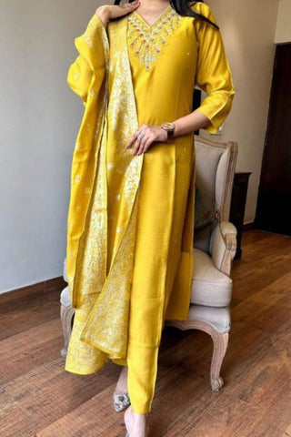 Mustard Embrodairy Stright Kurta Set With Jacquard Dupatta Set_Kumari Sarees