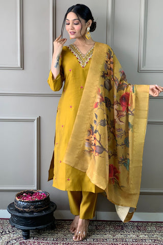 Mustard Chanderi Silk Embroidery Kurta Set_Kumari Sarees