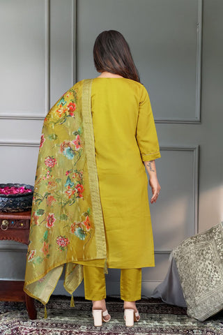 Mustard Viscose Chanderi Embroidered Silk Kurta Set_Kumari Sarees