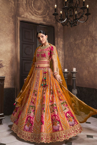 Mustard and Pink Banarasi Silk Lehenga