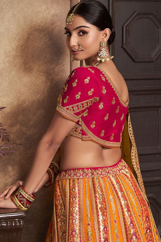 Mustard and Pink Banarasi Silk Lehenga