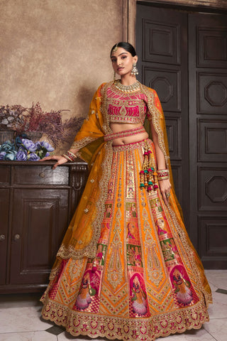 Mustard and Pink Banarasi Silk Lehenga