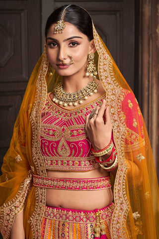 Mustard and Pink Banarasi Silk Lehenga