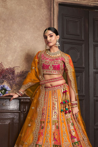 Mustard and Pink Banarasi Silk Lehenga