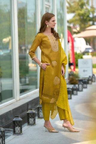 Mustard Yellow Tissue With Floral Print and Embroidery Kurta Set_Kumari Sarees