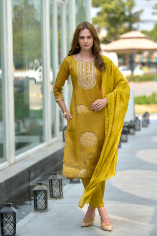 Mustard Yellow Tissue With Floral Print and Embroidery Kurta Set_Kumari Sarees