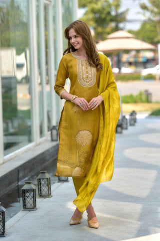 Mustard Yellow Tissue With Floral Print and Embroidery Kurta Set_Kumari Sarees