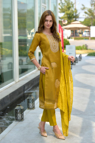 Mustard Yellow Tissue With Floral Print and Embroidery Kurta Set_Kumari Sarees